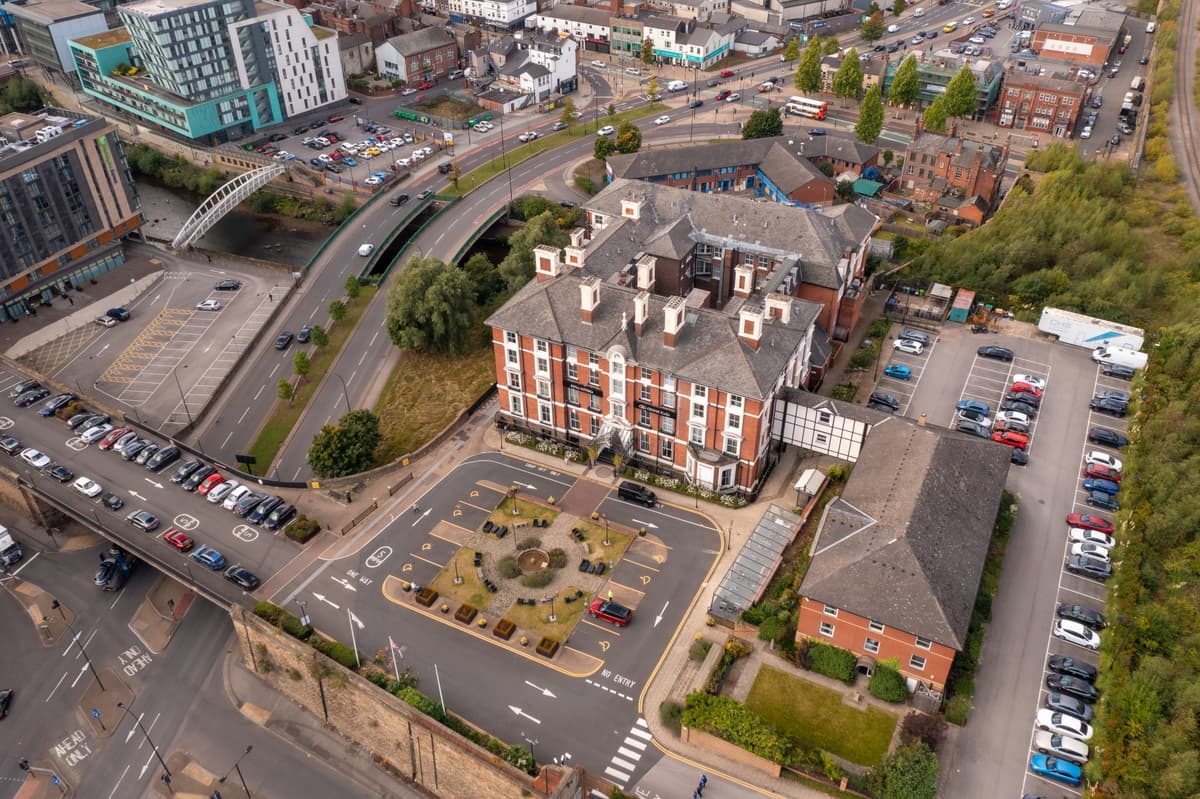 Aerial view of the Crowne Plaza Royal Victoria Sheffield hotel and its car parks.
