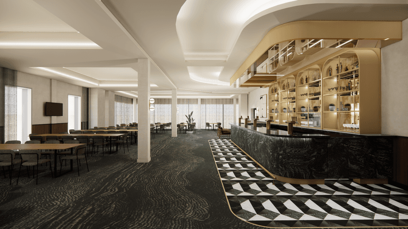 Spacious bar and dining area with dark marble counter and geometric tiled floor.