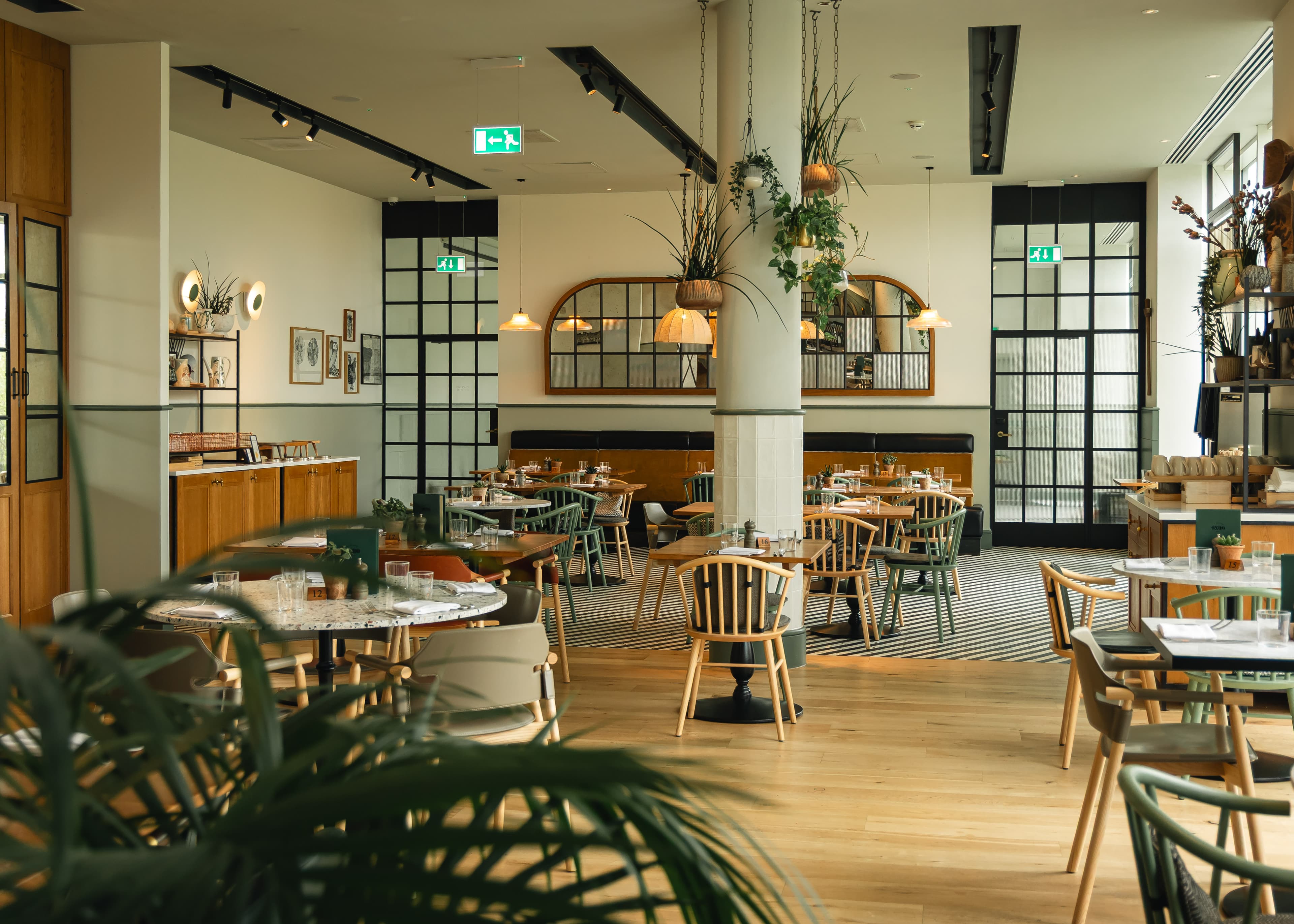 Bright restaurant interior at Hilton Reading with wooden chairs, hanging plants and large mirrors.