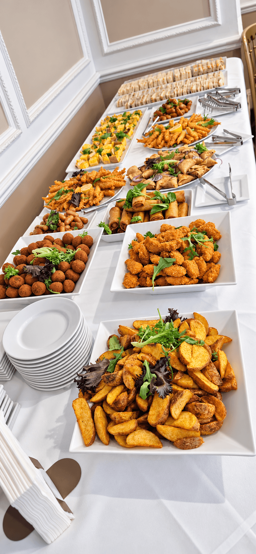 Buffet spread of potato wedges, fried chicken, spring rolls and finger sandwiches at Kohl Lounge.