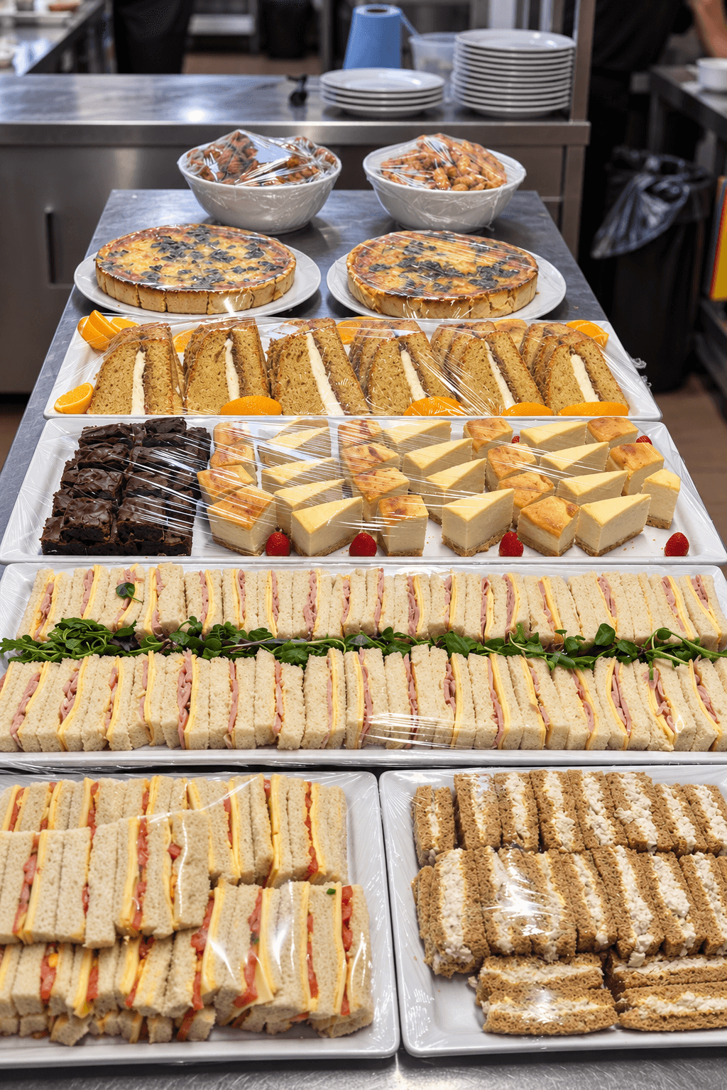 Buffet spread of sandwiches, quiche slices, brownies and cheesecake on trays