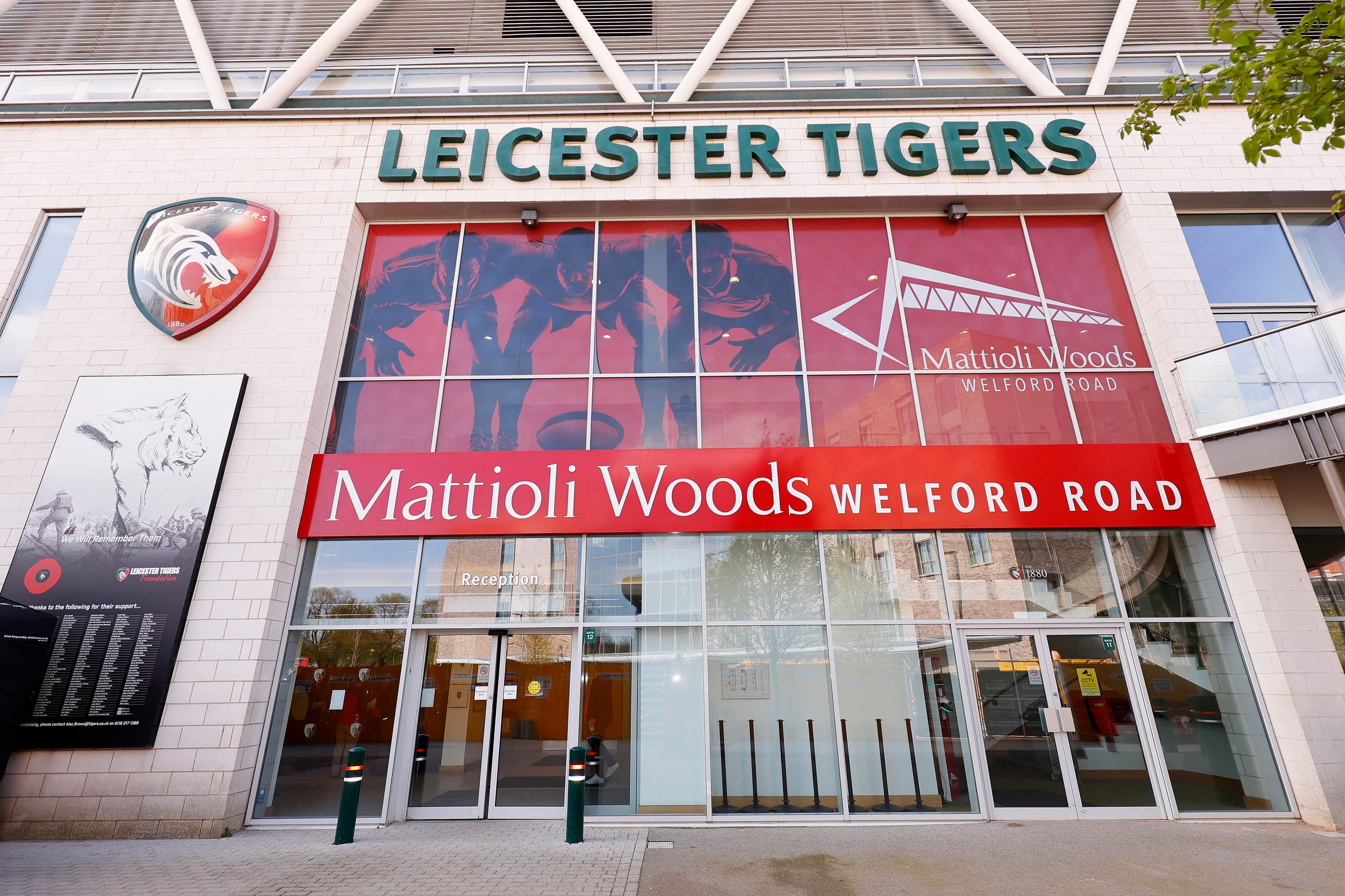 Exterior facade of Leicester Tigers Mattioli Woods Welford Road Stadium with reception entrance.