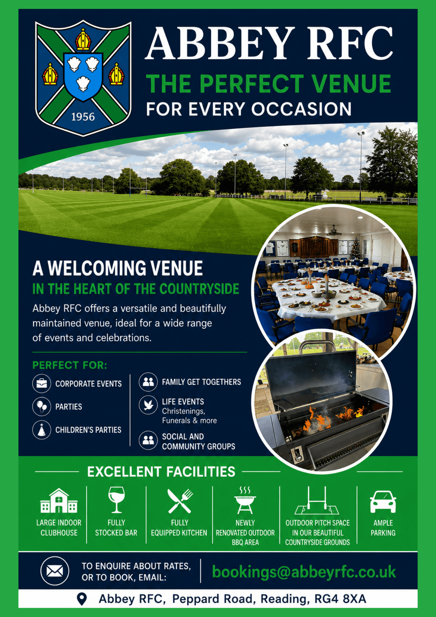 Promotional flyer for Abbey RFC showing rugby pitches, a function room and an outdoor barbecue.