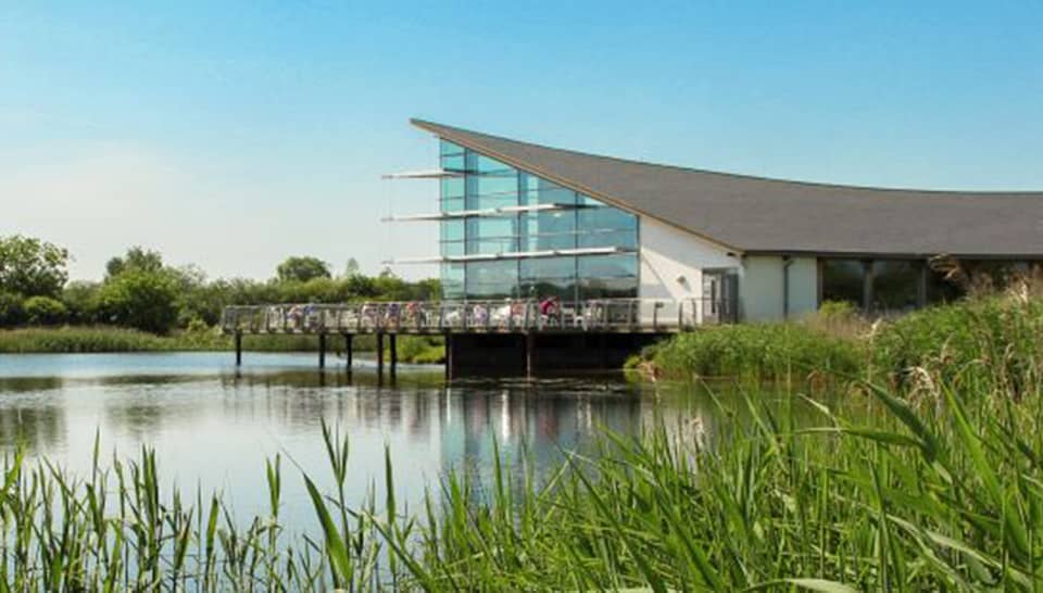 Stanwick Lakes visitor centre beside a calm lake surrounded by reeds and greenery.