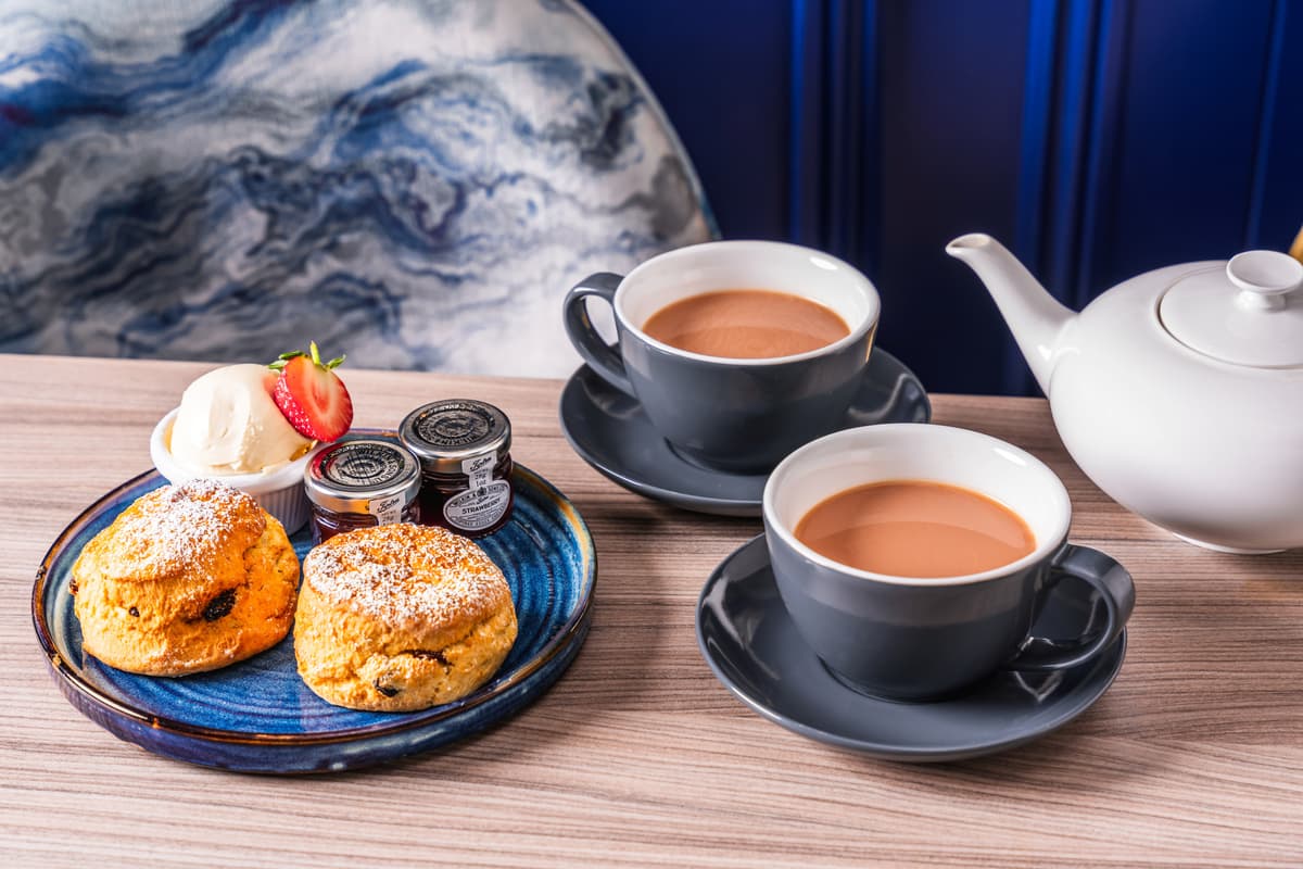 Two scones with clotted cream, strawberry jam and tea for two at The Headland Hotel.