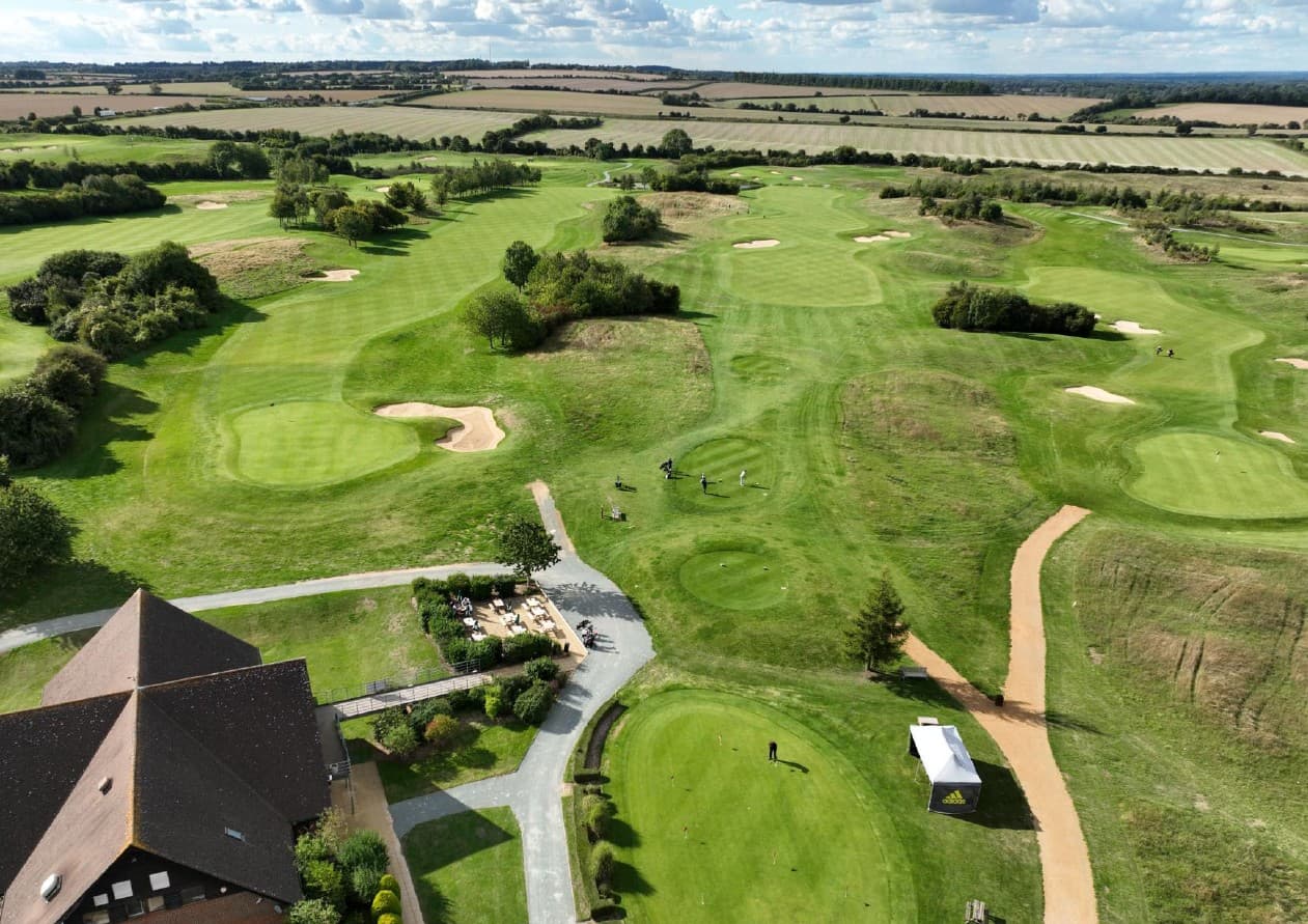 Aerial view of Weybrook Park Golf Club showing fairways, bunkers and clubhouse building.